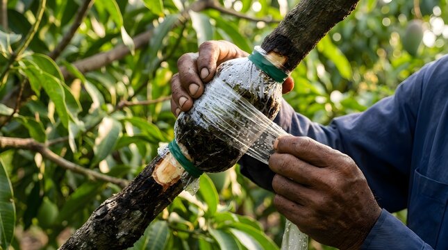 A farmer is air-layering a tree branch