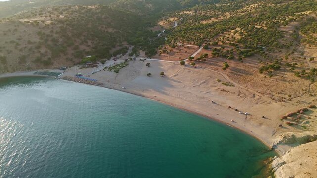 Aerial View of Pachia Ammos Beach at Sunset Samothraki Greece