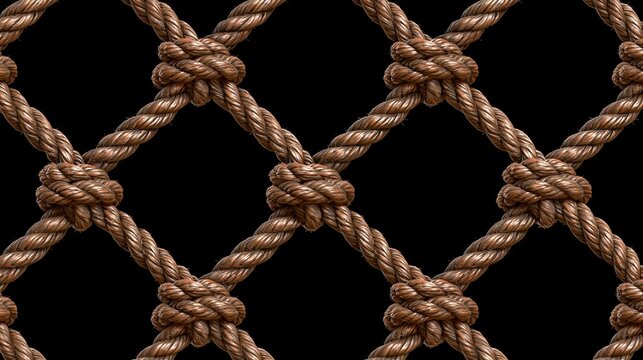 Thick twisted brown hemp ropes tied into strong knots forming repeating diamond open grid pattern on solid black background for rustic texture
