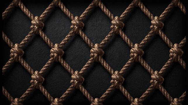 Thick brown natural jute rope knotted into repeating diamond grid pattern placed on dark black textured leather background for rustic texture