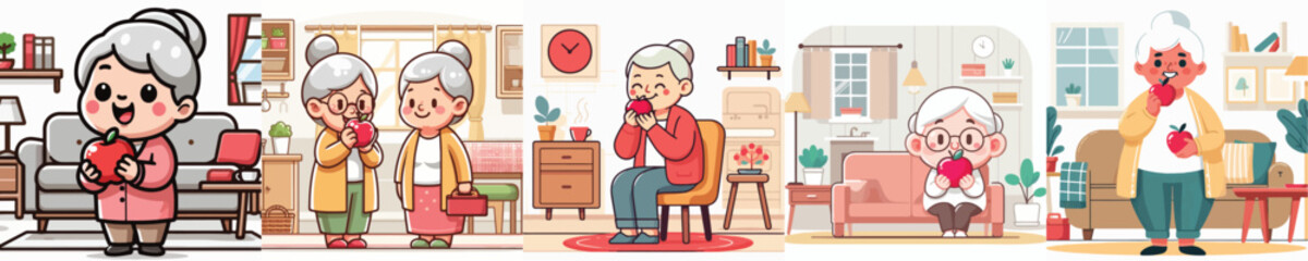 Fototapeta premium Vector set of a Grandma eating an apple