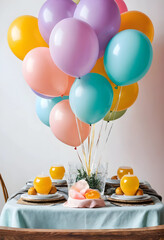 Fototapeta premium Colorful balloons and table setting for celebration