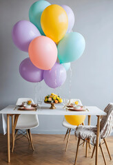Fototapeta premium Colorful balloons and table setting for celebration