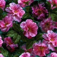 Obraz premium seamless background of small pink rose blossoms with green leaves, delicate floral pattern, soft romantic style, elegant botanical wallpaper