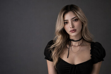 Fototapeta premium Elegant Young Woman Portrait with Dark Copy Space, Studio Fashion Beauty Concept
