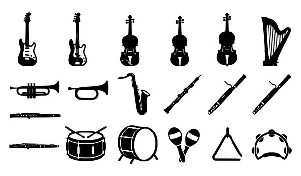 Flat Musical Instrument Silhouette Sticker Bundle with Orchestra and Band Vector Icons