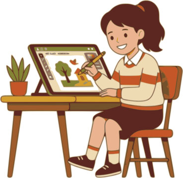 School girl using stylus and digital tablet for online art illustration class homework