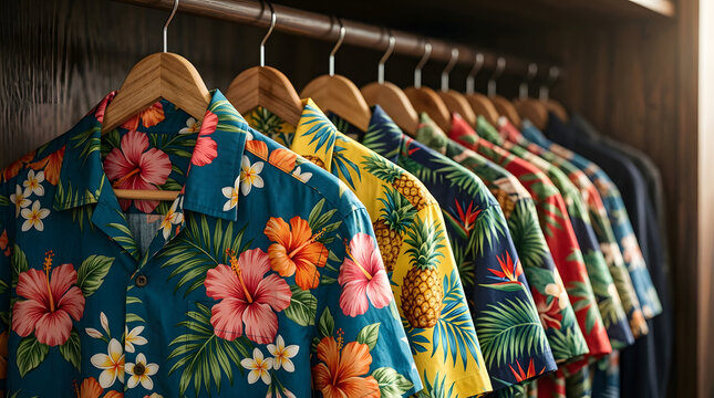 Summer aloha shirts hanging isolated on transparent background