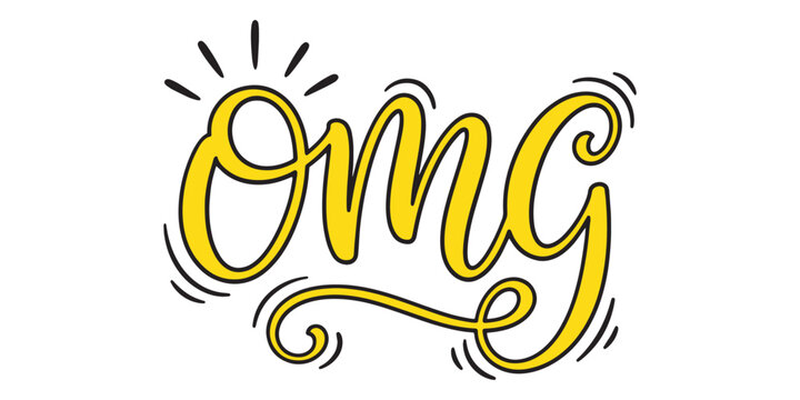 Handwritten yellow omg lettering with decorative lines isolated on white background