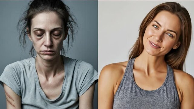 A woman's appearance depicting the consequences of drug and alcohol abuse, contrasted with her vibrant healthy lifestyle, ultimate wellbeing
