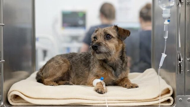 A dog with a catheter in its paw wakes up in a cage after anesthesia