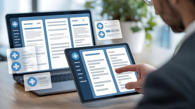 Businessman interacting with multiple devices displaying documents in office
