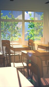 Empty Japanese Classroom with Open Window and Light Rays &ndash; Summer Loop 4K