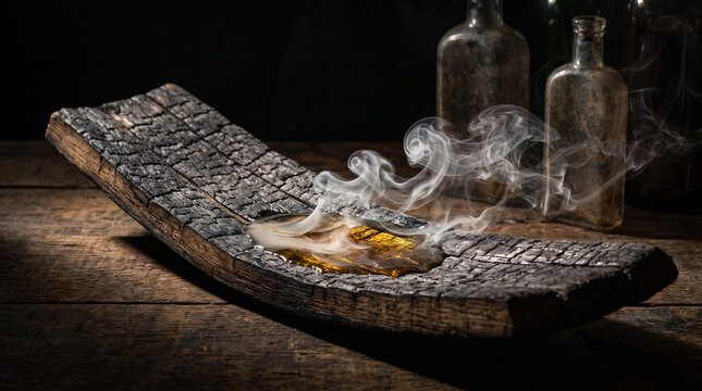 Moody still life of smoldering charred wood with amber liquid and smoke