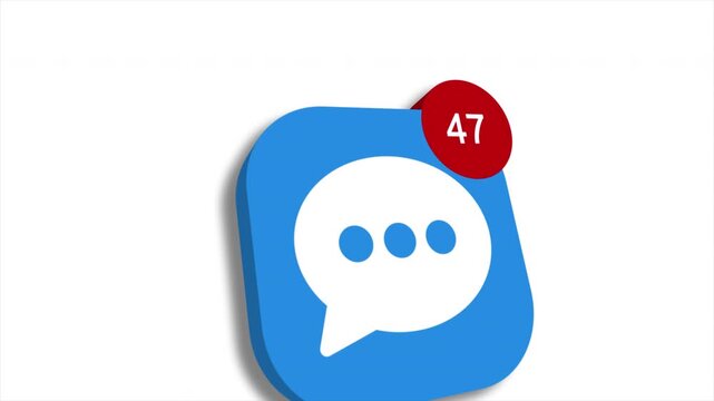 Blue chat message icon with unread notification badge animation, social communication and messaging concept.