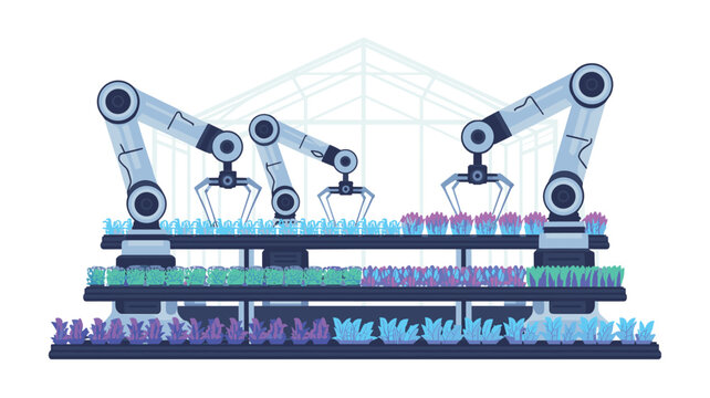 Industrial greenhouse with multiple robotic arms operating on tiered shelves of plants, highlighting advanced automated agricultural technology.