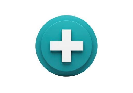 Cyan blue circle icon with a white plus sign for addition or medical symbol representing healthcare or user interface button design element