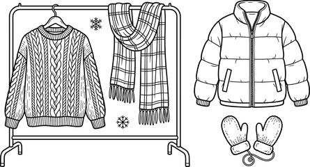 Winter Clothing with Cable Knit Sweater Puffer Jacket and Scarf on Rack Vector Illustration Set for Fashion Design © MdImran