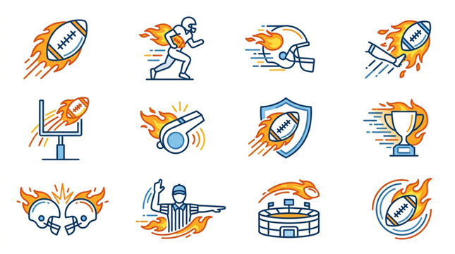 American Football Icons Set with Flames and Motion Effects.