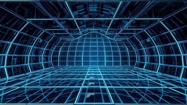 Futuristic neon grid tunnel with reflective floor and glowing blue light corridor