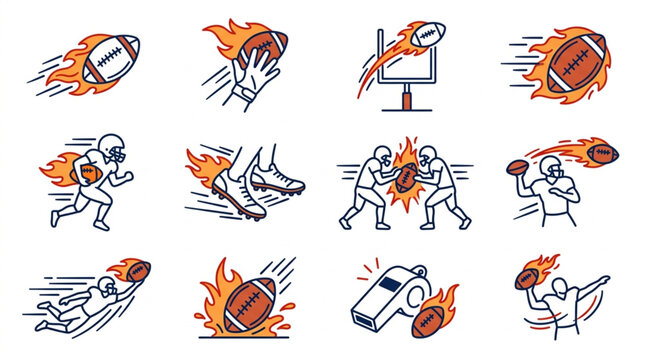 American Football Action Icons Set.