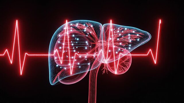 Advanced medical technology visualization of human liver anatomy with EKG heartbeat pulse