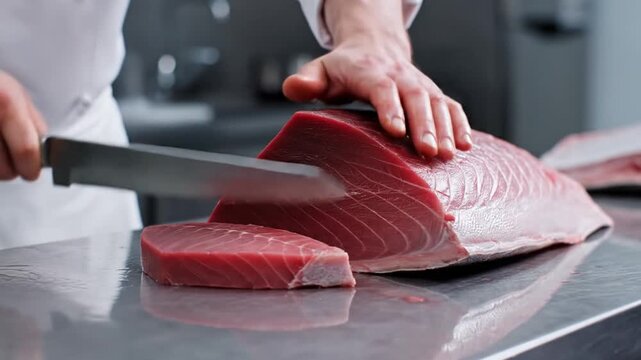 A professional chef skillfully slices through a large, fresh slab of raw tuna using a long, sharp knife in a commercial kitchen setting, demonstrating precision and expertise.