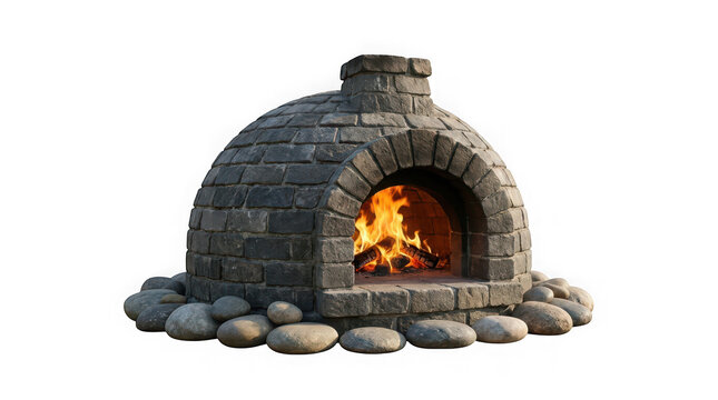 Stone pizza oven with a burning fire inside isolated on transparent background