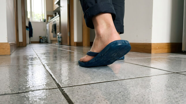 Woman wearing blue rubber flip flop walks on wet tiled floor in kitchen. Hazard in house concept. Risk of slipping at home. Slippery surface safety issue during daily routine chore.