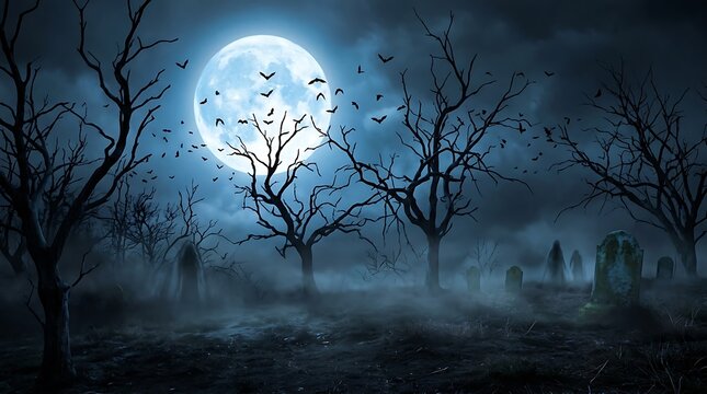 Spooky full moon night with dead trees and flying bats illustration