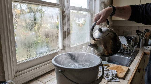 Man pouring hot water from metal kettle into plastic bucket in kitchen. Steam rising from boiling liquid. Daily household chore during cold season with fogged glass window background.