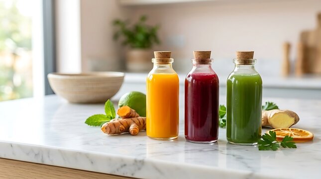 Three corked glass bottles filled with vibrant healthy cold-pressed juices of orange beetroot and green vegetables arranged on a marble kitchen counter to represent a wellness lifestyle.