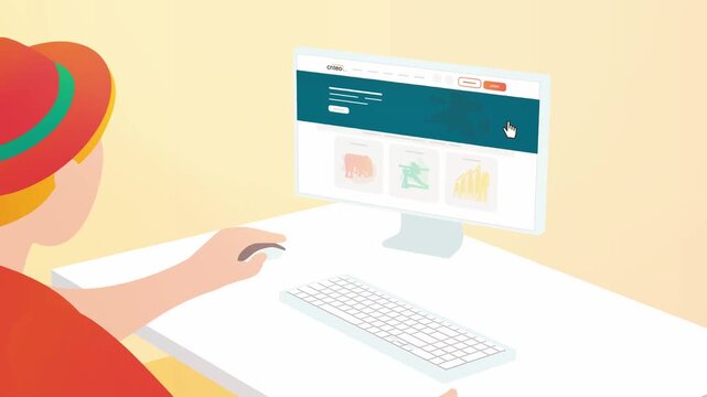 Professional Male Freelancer Character Working on Desktop Computer inside Home Office Room 2D Animation