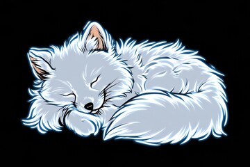 Naklejka premium Arctic fox curls up in snow to sleep, wrapped in soft white fur with blue neon glow. Set against a pure black background.