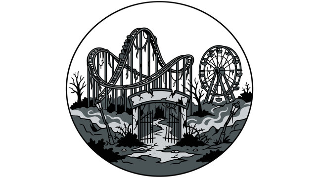 Spooky Abandoned Amusement Park with Roller Coaster and Ferris Wheel.