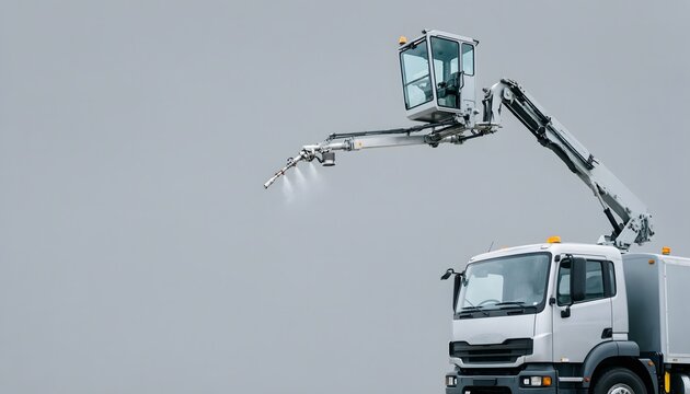 Modern airport ground support equipment deicer truck on gray background