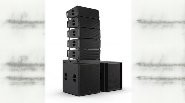 Professional Line Array Loudspeaker System Isolated on White Background, High Power Stage Subwoofer Stack and Concert Audio Monitors, Hollywood Event Production and Live Music Festival Sound Equipment