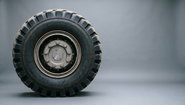 Heavy machinery tyre with deep tread on gray background, automotive part
