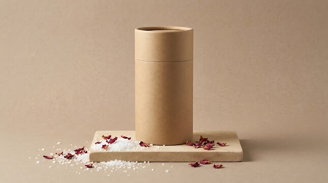 Eco-friendly cardboard tube container mockup placed on a wooden pedestal with scattered bath salts and dried rose petals representing natural organic cosmetic packaging design concept.