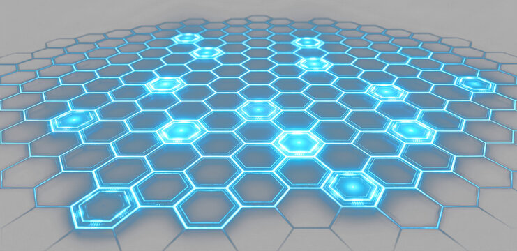 Glowing blue hexagonal network grid isolated on transparent background, futuristic cyber honeycomb structure, floating tech mesh surface, abstract sci-fi neon overlay, hexagon png, cutout
