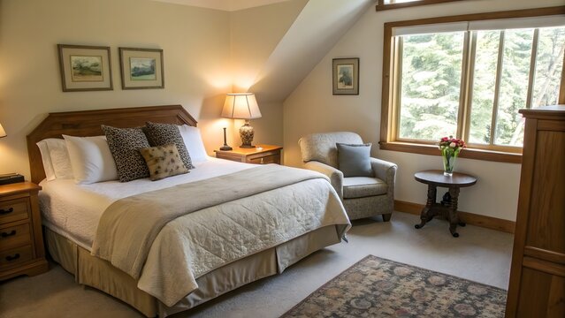 Modern luxury bedroom interior with cozy small lounge corner in the same frame featuring elegant furniture and contemporary home decor