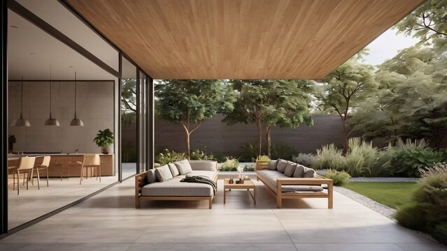 Luxury Modern Minimalist Outdoor Living Space with Garden View and Terrace Sofa