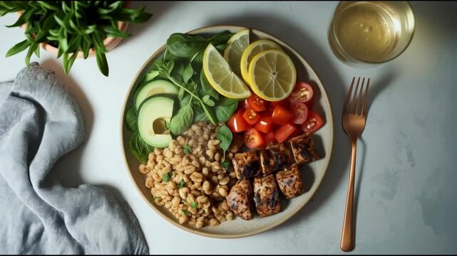 Grilled chicken chickpea avocado spinach tomato lemon grain bowl fresh vibrant recipe