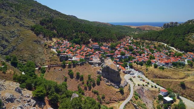 Aerial View of Chora Medieval Village on Samothraki Island Greece