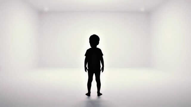 Small Child Silhouette Standing Alone in Bright Empty White Room Childhood Isolation Loneliness Vulnerability Lost Innocence