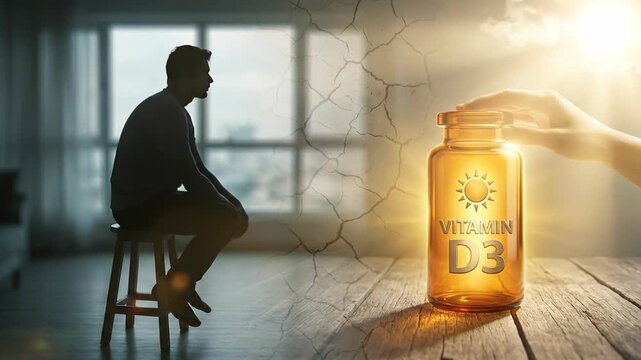 Vitamin D solution: sadness relief, sunshine essence, health improvement, darkness overcome, energy source, bone strength, mood boost, immunity support.