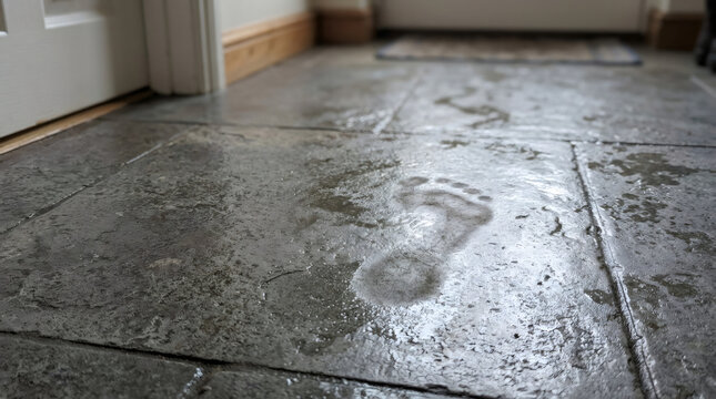 Wet footprint on grey stone tile floor in house hallway. Bare foot mark left by person after swimming or bath. Moisture trail on indoor surface. Concept of cleanliness and safety.