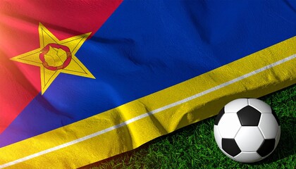 Fototapeta premium Colorful flag with red, blue, and yellow stripes beside soccer ball, symbolizing national pride, unity, athletic passion, and spirited competition.