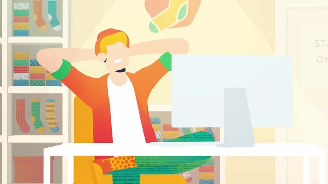 Happy Employee Stretching at Office Desk After Completing Corporate Computer Work 2D Animation