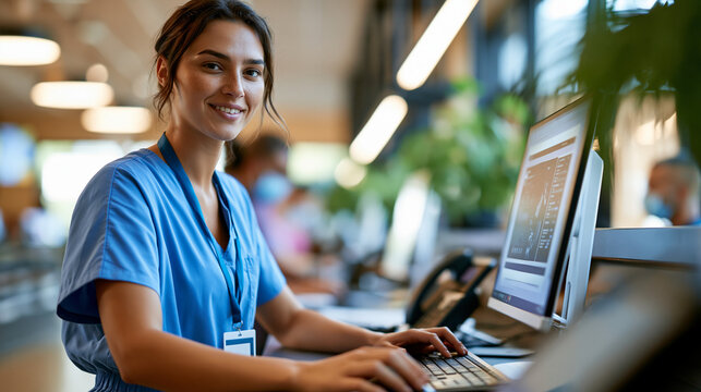 A wide shot of a healthcare worker in calm blue scrubs working softly on a bright computer at a reception in a clinic scrubs reception open face bright clinic soft